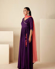 Teal Angrakha Anarkali with Embroidered Cuff and Bandhani Dupatta
