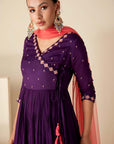 Teal Angrakha Anarkali with Embroidered Cuff and Bandhani Dupatta