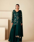 Intricately Sequin Embroidered Green Anarkali with Ombre Pleated Flare