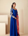 Teal Overlapping Angrakha Anarkali with Dori Tassels and Banarasee Bandhani Dupatta