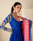 Teal Overlapping Angrakha Anarkali with Dori Tassels and Banarasee Bandhani Dupatta