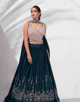 Maroon One-Shoulder Zardosi Crop Top Lehenga with Feather and Mirror Details