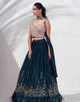 Maroon One-Shoulder Zardosi Crop Top Lehenga with Feather and Mirror Details