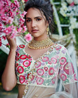 Maroon Georgette Crepe Crop Top and Skirt Lehenga with Mirror and Zardosi Handwork