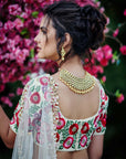 Maroon Georgette Crepe Crop Top and Skirt Lehenga with Mirror and Zardosi Handwork