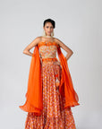 Maroon Crop Top and Skirt Lehenga with Mirror and Zardosi Handwork - Orange