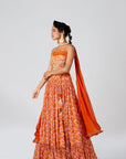 Maroon Crop Top and Skirt Lehenga with Mirror and Zardosi Handwork - Orange