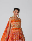Maroon Crop Top and Skirt Lehenga with Mirror and Zardosi Handwork - Orange