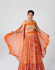 Maroon Crop Top and Skirt Lehenga with Mirror and Zardosi Handwork - Orange