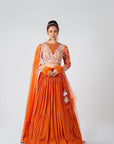 One Shoulder Crop Top and Pleated Skirt Lehenga in Georgette Crepe