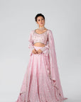 Maroon Georgette Crepe Crop Top and Skirt Lehenga with Mirror and Zardosi Handwork