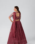 Maroon Crop Top and Pleated Skirt Lehenga with Feather and Mirror Work Details