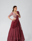 Maroon Crop Top and Pleated Skirt Lehenga with Feather and Mirror Work Details
