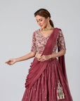 Maroon Crop Top and Pleated Skirt Lehenga with Feather and Mirror Work Details