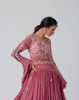 Maroon Zardosi Handwork Crop Top and Pleated Skirt Lehenga Set