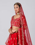 Maroon Georgette Crepe Crop Top and Skirt Lehenga with Mirror and Zardosi Handwork