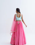Maroon Georgette Crepe One Shoulder Crop Top Lehenga with Feather and Mirror Work