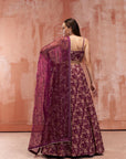 Maroon One Shoulder Crop Top and Skirt Lehenga with Zardosi and Mirror Work