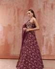 Maroon One Shoulder Crop Top and Skirt Lehenga with Zardosi and Mirror Work