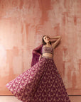 Maroon One Shoulder Crop Top and Skirt Lehenga with Zardosi and Mirror Work