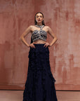 One-Shoulder Maroon Crop Top & Pleated Skirt Lehenga with Mirror and Zardosi Handwork