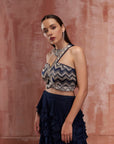 One-Shoulder Maroon Crop Top & Pleated Skirt Lehenga with Mirror and Zardosi Handwork