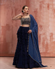 Maroon Crop Top and Skirt Lehenga with One Shoulder Feathered Top and Mirror Work