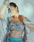 Three Layered Monochrome Lehenga with Hand Embroidered Blouse and Ruffle Dupatta