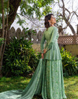 Teal Overlapping Angrakha Anarkali with Elephant Tassels and Banarasee Bandhani Dupatta - Georgette