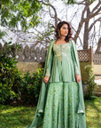 Teal Overlapping Angrakha Anarkali with Elephant Tassels and Banarasee Bandhani Dupatta - Georgette