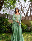 Teal Overlapping Angrakha Anarkali with Elephant Tassels and Banarasee Bandhani Dupatta - Georgette
