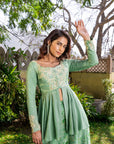 Teal Overlapping Angrakha Anarkali with Elephant Tassels and Banarasee Bandhani Dupatta - Georgette