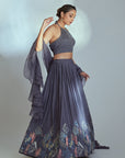 Lilac Hand Embroidered Lehenga with Feather Sleeves and Ruffle Dupatta