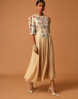 Beige Embroidered Yoke Gathered Dress