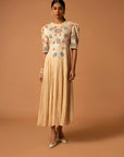 Beige Embroidered Yoke Gathered Dress