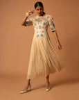 Beige Embroidered Yoke Gathered Dress
