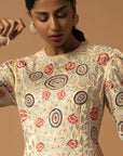 Beige Embroidered Yoke Gathered Dress