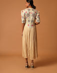 Beige Embroidered Yoke Gathered Dress
