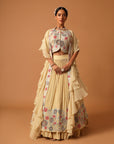 Beige Embroidered Blouse With Gathered Lehenga And Dupatta