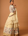 Beige Embroidered Blouse With Gathered Lehenga And Dupatta