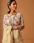 Beige Embroidered Blouse With Gathered Lehenga And Dupatta