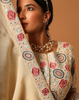 Beige Embroidered Blouse With Gathered Lehenga And Dupatta
