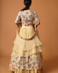 Beige Embroidered Blouse With Gathered Lehenga And Dupatta