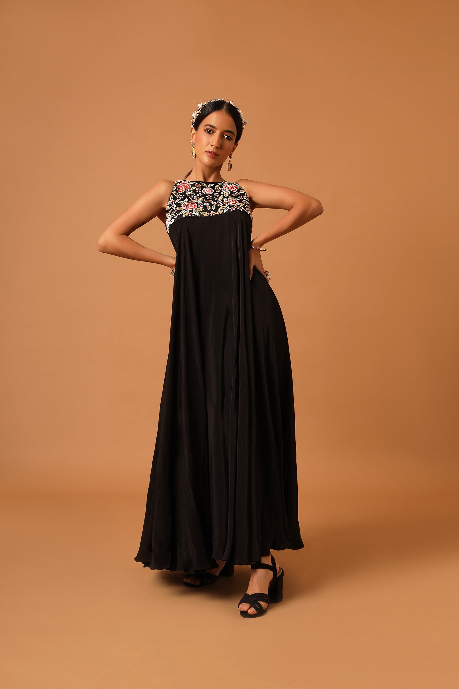 Balck A Line Embroidered Dress