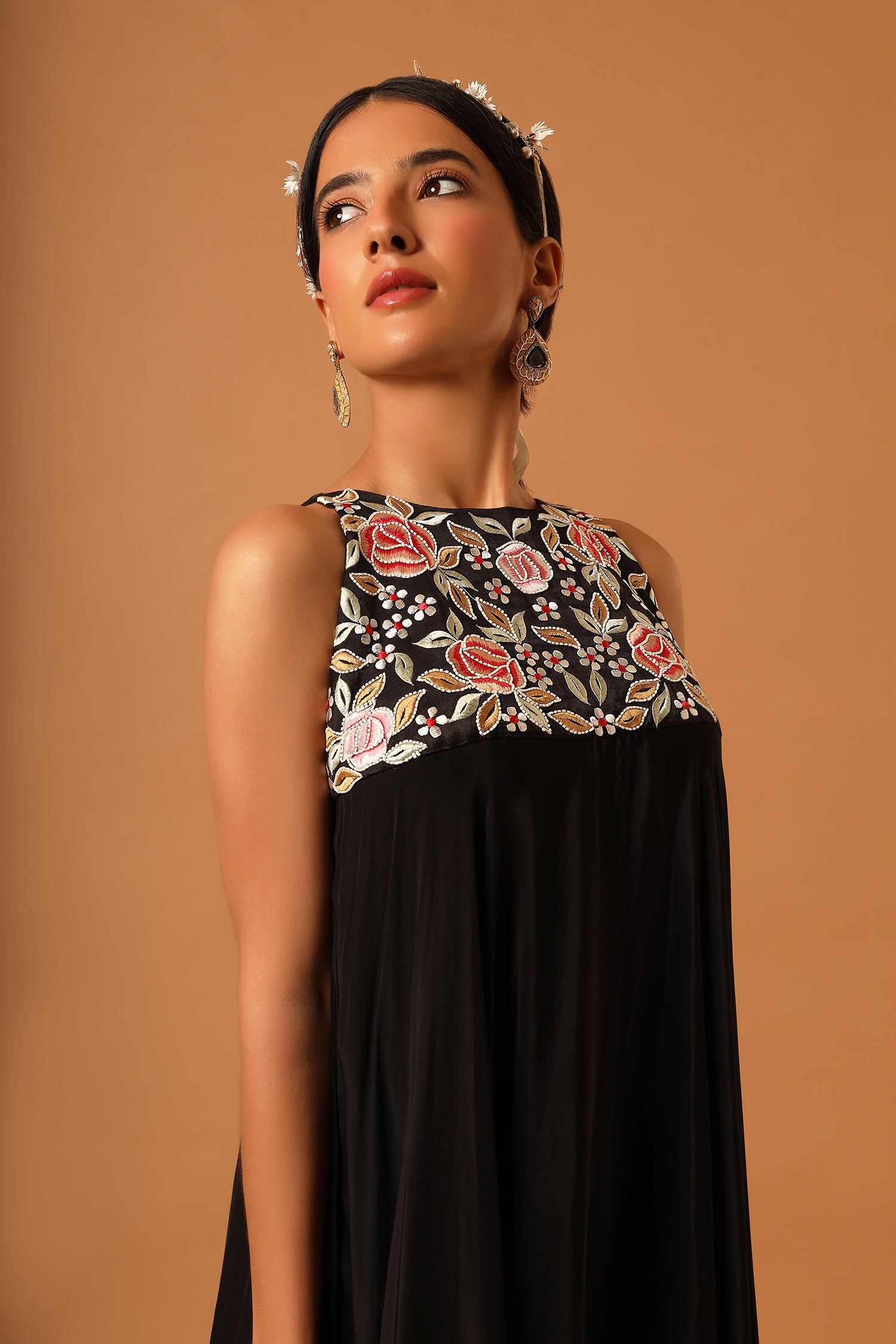Balck A Line Embroidered Dress