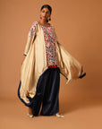 Beige Embroidered Kaftan With Blue Drape Skirt