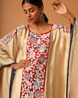 Beige Embroidered Kaftan With Blue Drape Skirt