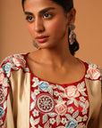 Beige Embroidered Kaftan With Blue Drape Skirt