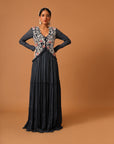 Blue Embroideered Tiered Dress