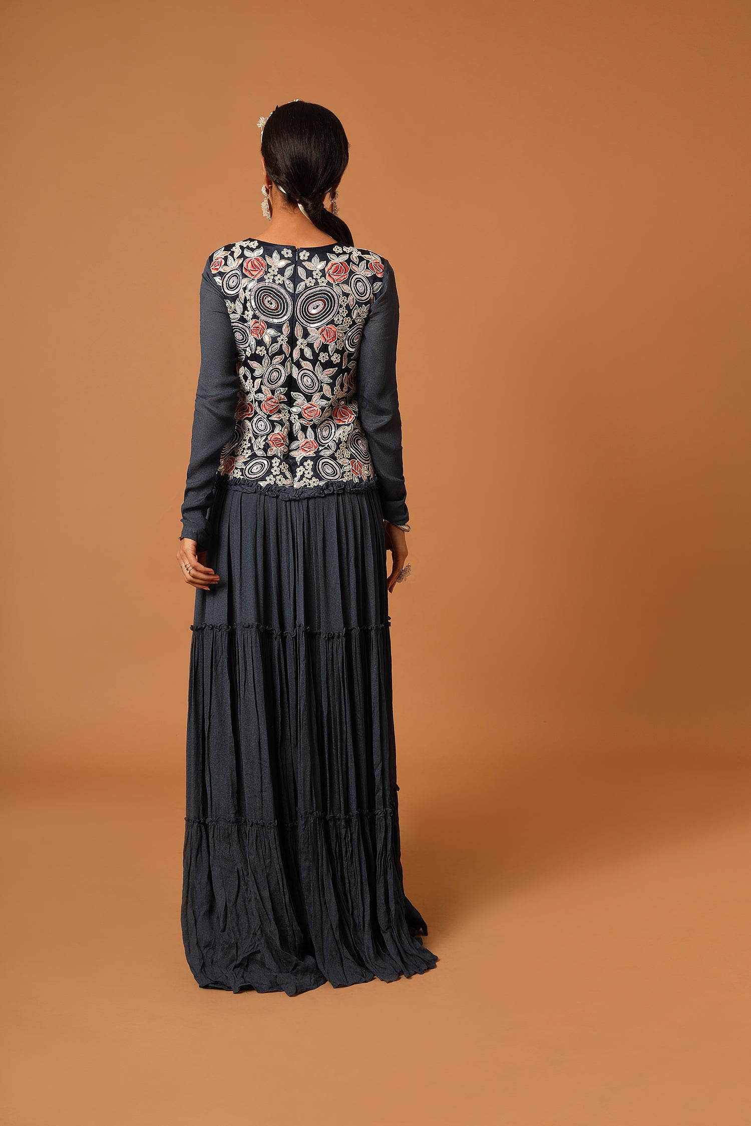 Blue Embroideered Tiered Dress